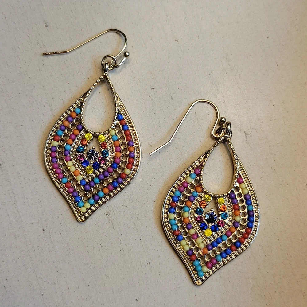 π₯LAST PAIRπ₯ 14k Gold Multicolor Beaded Chic Teardrop Dangle Earrings - Picture 4 of 5